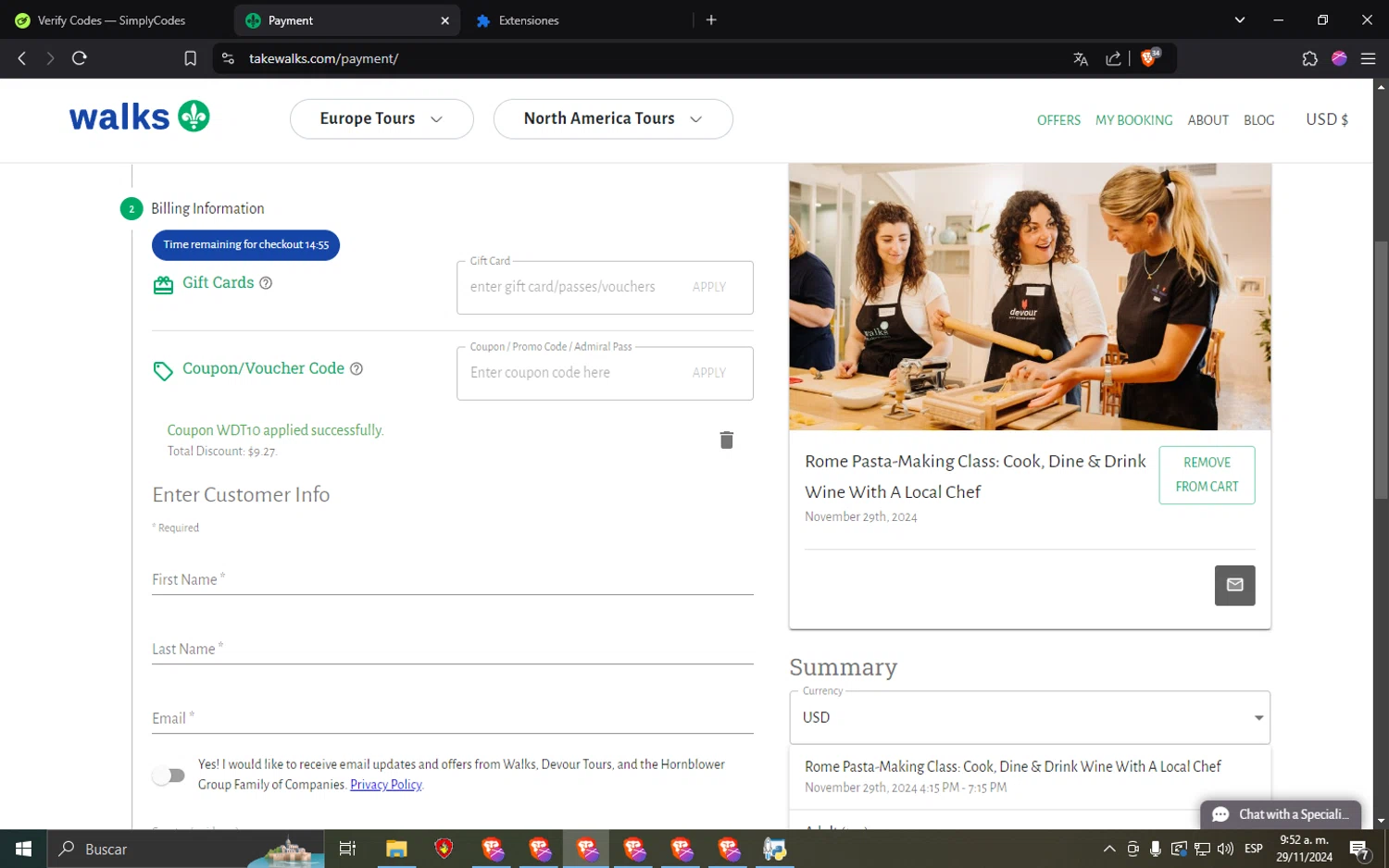 Walks checkout page showing Walks promo code box | Screenshot taken by SimplyCodes community member on Nov 29, 2024