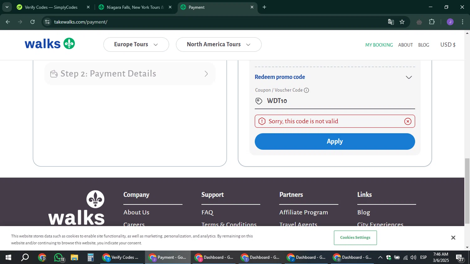 Walks promo code screenshot showing code WDT10 applied at Walks checkout page. Uploaded by SimplyCodes community member sniderjack453 on Mar 6, 2025