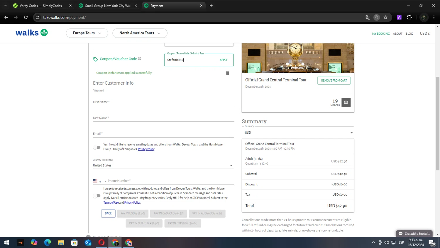 Walks checkout page showing Walks promo code box | Screenshot taken by SimplyCodes community member on Dec 16, 2024