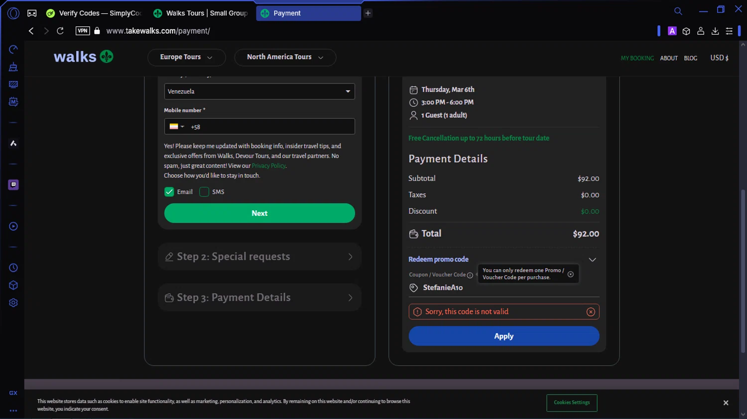 Walks promo code screenshot showing code StefanieA10 applied at Walks checkout page. Uploaded by SimplyCodes community member SavingsWhiz9509 on Mar 6, 2025