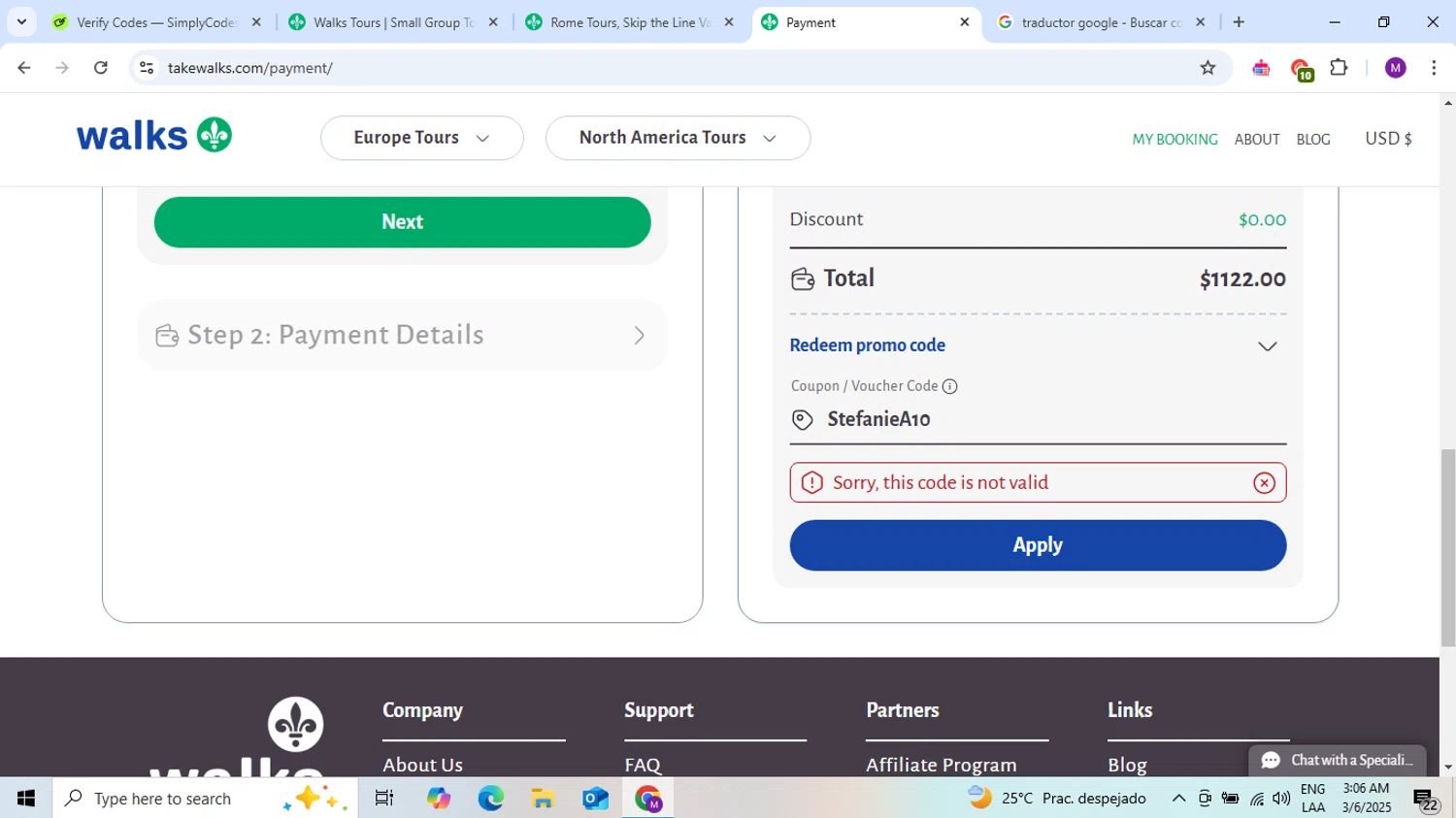 Walks promo code screenshot showing code StefanieA10 applied at Walks checkout page. Uploaded by SimplyCodes community member PennyScout8462 on Mar 6, 2025