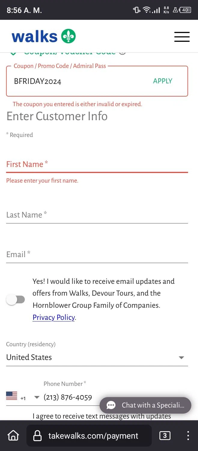 Walks promo code screenshot showing code BFRIDAY2024 applied at Walks checkout page. Uploaded by SimplyCodes community member BonusMonarch6039 on Dec 28, 2024