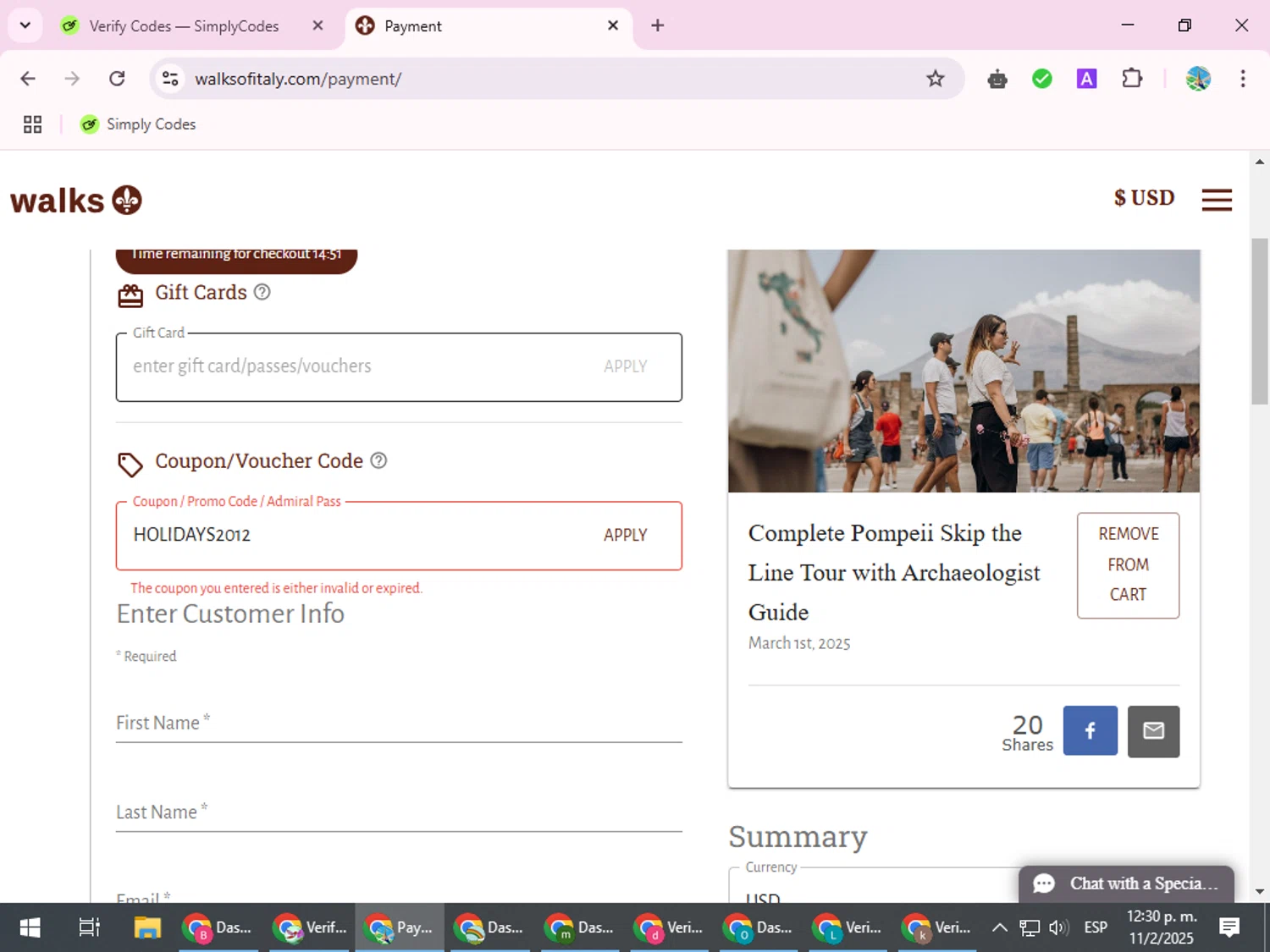 Walks of Italy discount code screenshot showing code HOLIDAYS2012 applied at Walks of Italy checkout page. Uploaded by SimplyCodes community member ShrewdSpotter4101 on Feb 11, 2025