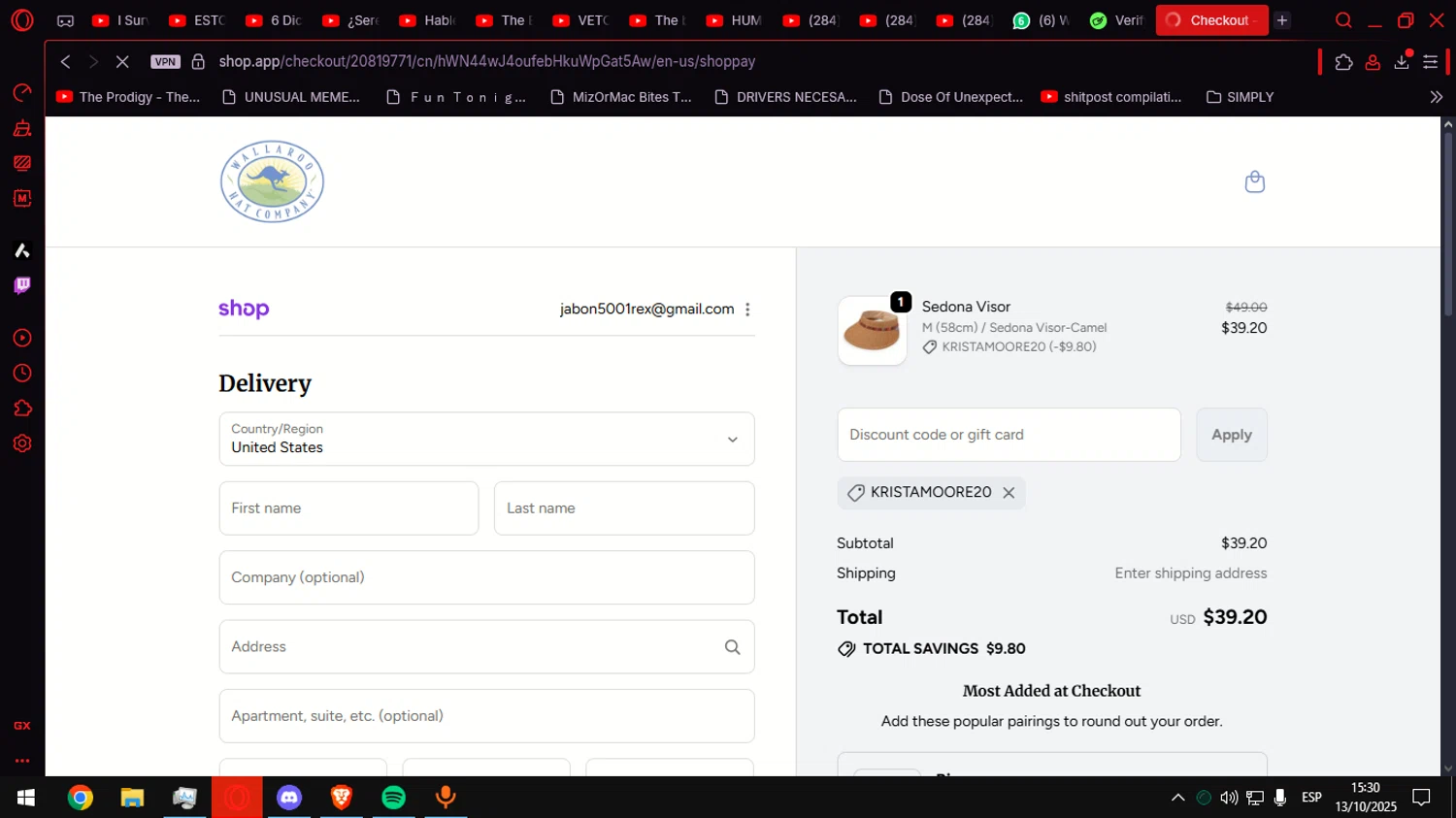 Wallaroo Hat promo code screenshot showing code KRISTAMOORE20 applied at Wallaroo Hat checkout page. Uploaded by SimplyCodes community member Anteserachido on Oct 13, 2025