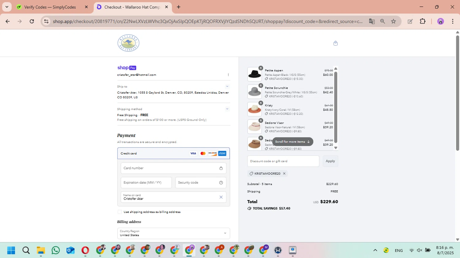 Wallaroo Hat promo code screenshot showing code KRISTAMOORE20 applied at Wallaroo Hat checkout page. Uploaded by SimplyCodes community member MariAPB on Jul 9, 2025