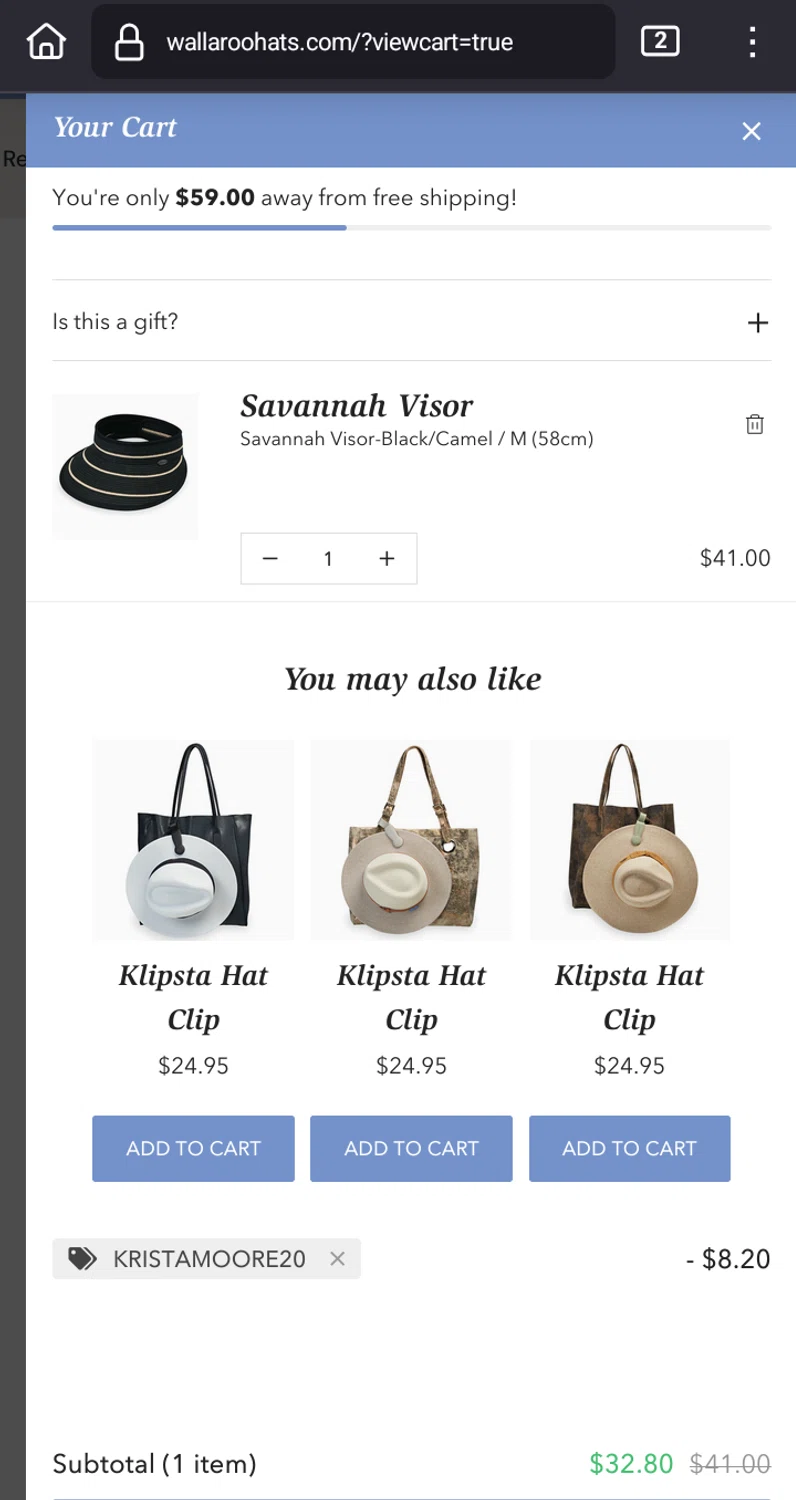 Wallaroo Hat promo code screenshot showing code KRISTAMOORE20 applied at Wallaroo Hat checkout page. Uploaded by SimplyCodes community member MarkGrayson on Apr 17, 2025