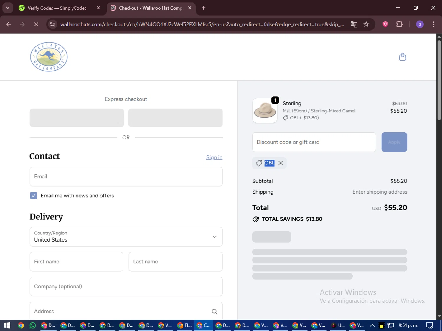 Wallaroo Hat promo code screenshot showing code obl applied at Wallaroo Hat checkout page. Uploaded by SimplyCodes community member LuckyVoyager688 on Oct 22, 2025