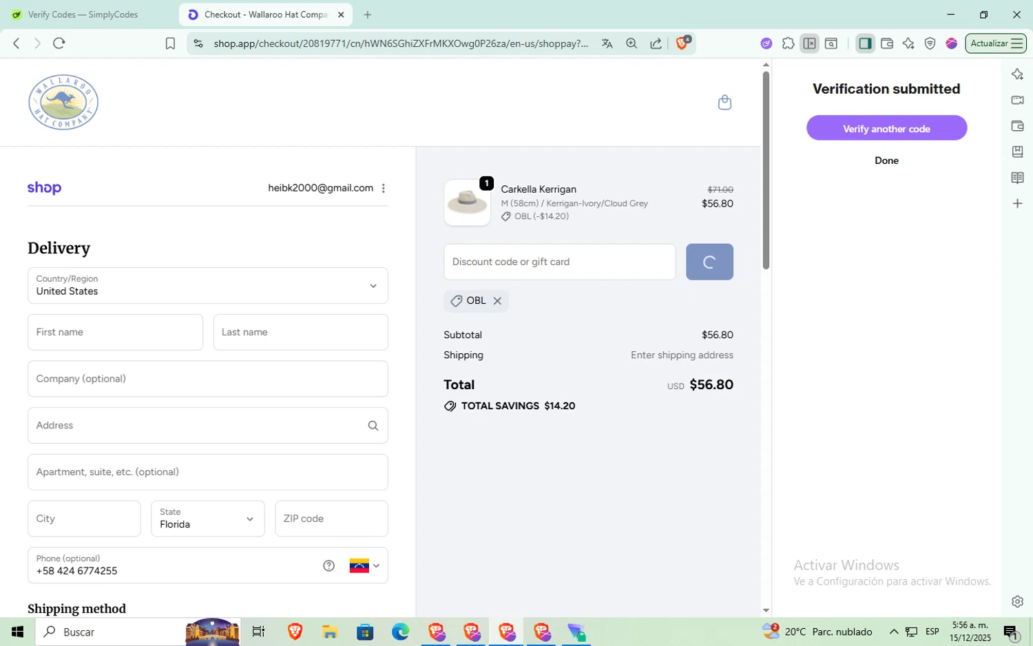 Wallaroo Hat promo code screenshot showing code obl applied at Wallaroo Hat checkout page. Uploaded by SimplyCodes community member aaaaaaaaaaaaaaa on Dec 15, 2025