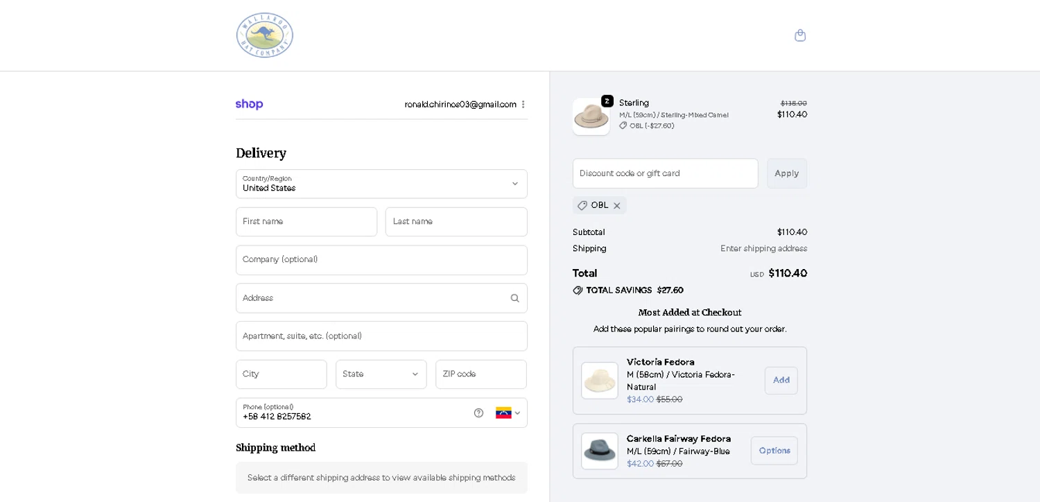 Wallaroo Hat promo code screenshot showing code obl applied at Wallaroo Hat checkout page. Uploaded by SimplyCodes community member davisams on Dec 9, 2025
