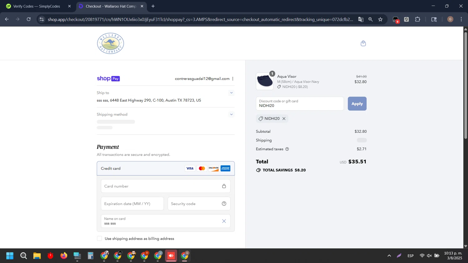 Wallaroo Hat promo code screenshot showing code NIDHI20 applied at Wallaroo Hat checkout page. Uploaded by SimplyCodes community member EpicTiger3556 on Aug 4, 2025