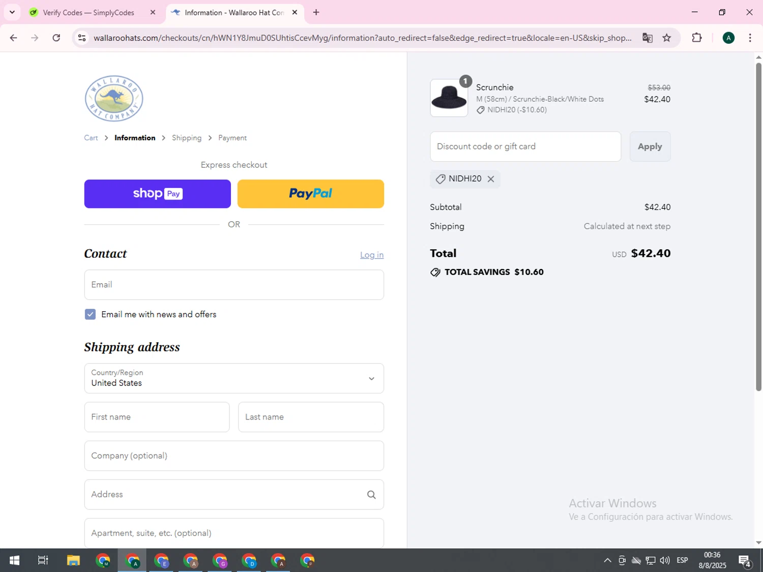 Wallaroo Hat promo code screenshot showing code NIDHI20 applied at Wallaroo Hat checkout page. Uploaded by SimplyCodes community member PennyCurator1095 on Aug 8, 2025
