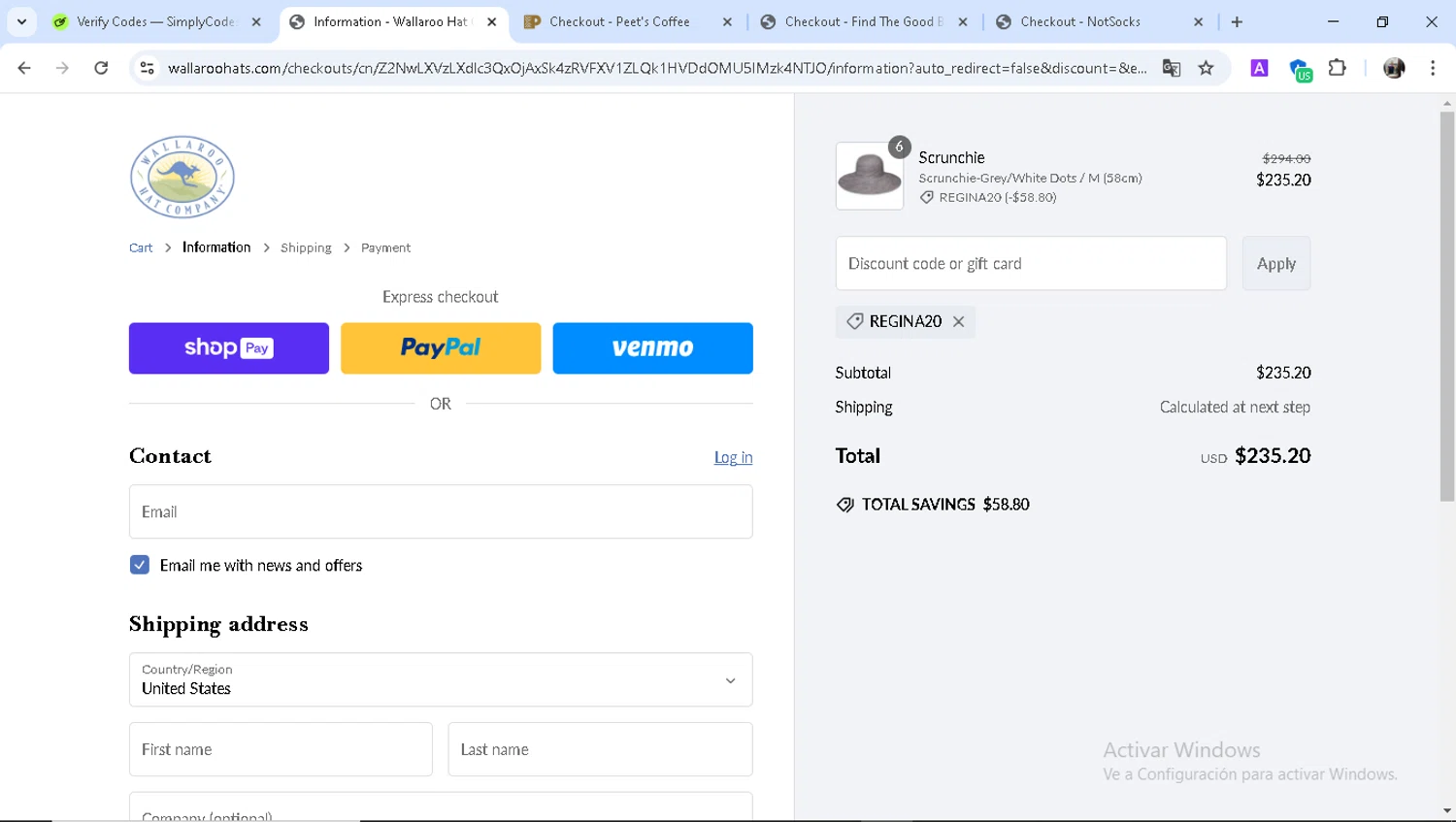 Wallaroo Hat promo code screenshot showing code Regina20 applied at Wallaroo Hat checkout page. Uploaded by SimplyCodes community member Epa_yava on Feb 27, 2025