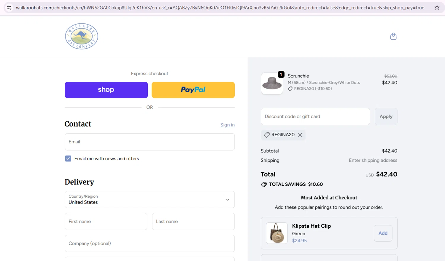 Wallaroo Hat promo code screenshot showing code Regina20 applied at Wallaroo Hat checkout page. Uploaded by SimplyCodes community member Samu10 on Nov 8, 2025