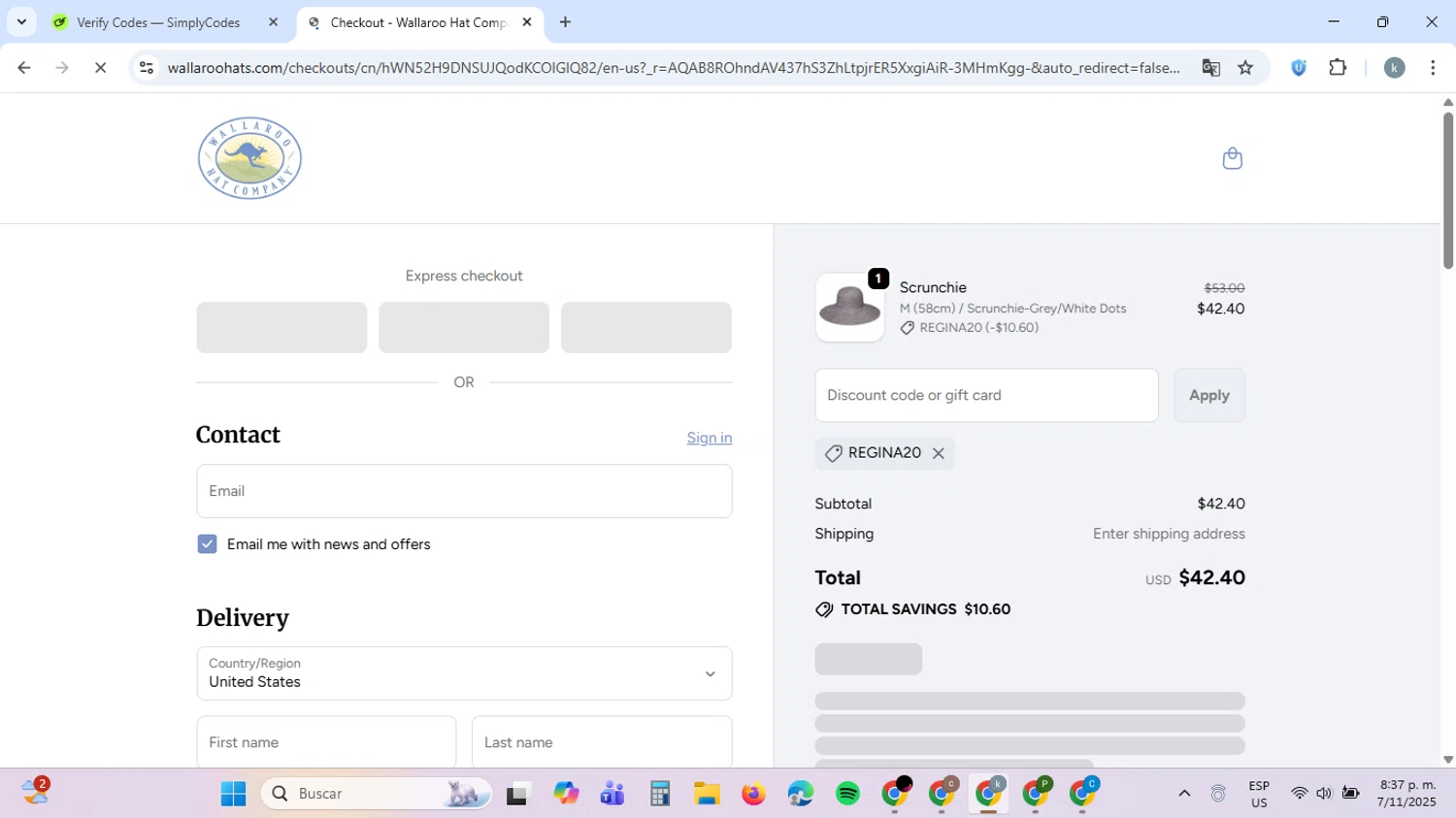 Wallaroo Hat promo code screenshot showing code Regina20 applied at Wallaroo Hat checkout page. Uploaded by SimplyCodes community member ValiantCaptain6560 on Nov 8, 2025
