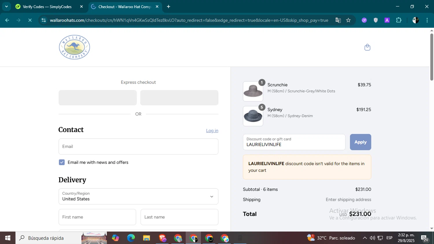 Wallaroo Hat promo code screenshot showing code LAURIELIVINLIFE applied at Wallaroo Hat checkout page. Uploaded by SimplyCodes community member CleverSage9163 on Aug 29, 2025