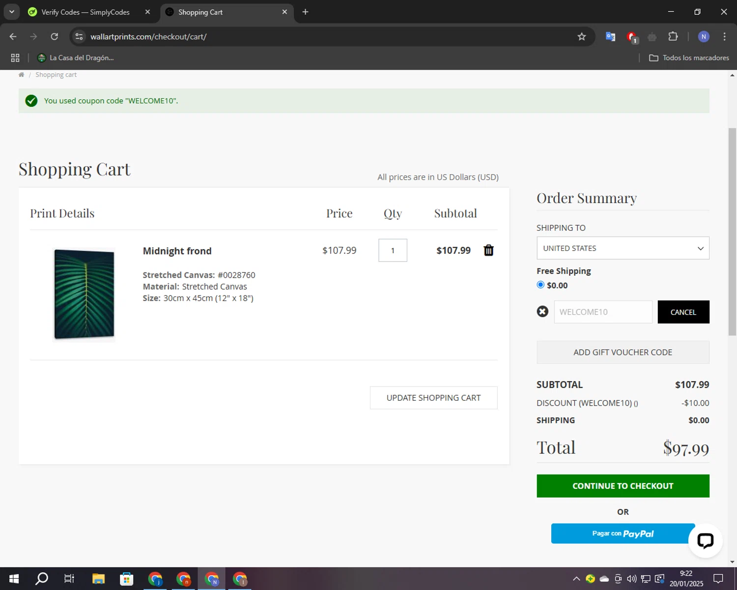 Wall Art Prints discount code screenshot showing code WELCOME10 applied at Wall Art Prints checkout page. Uploaded by SimplyCodes community member RoyalGuardian2978 on Jan 20, 2025