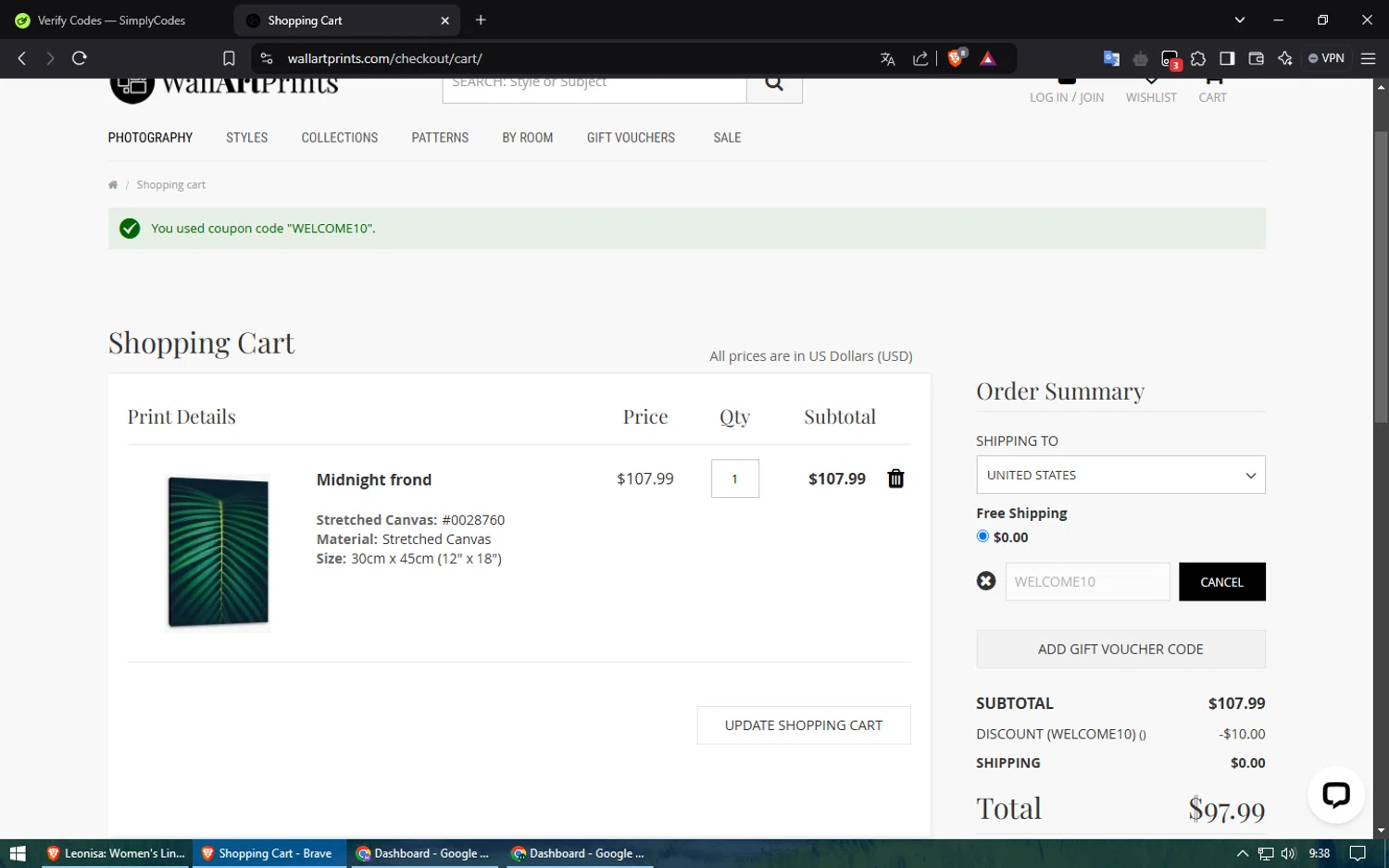 Wall Art Prints discount code screenshot showing code WELCOME10 applied at Wall Art Prints checkout page. Uploaded by SimplyCodes community member Voucher200 on Jan 20, 2025