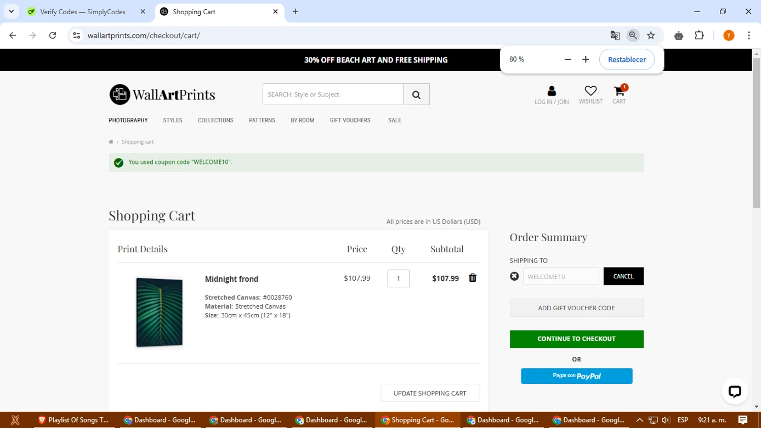 Wall Art Prints discount code screenshot showing code WELCOME10 applied at Wall Art Prints checkout page. Uploaded by SimplyCodes community member kyrspsUSer32 on Jan 20, 2025