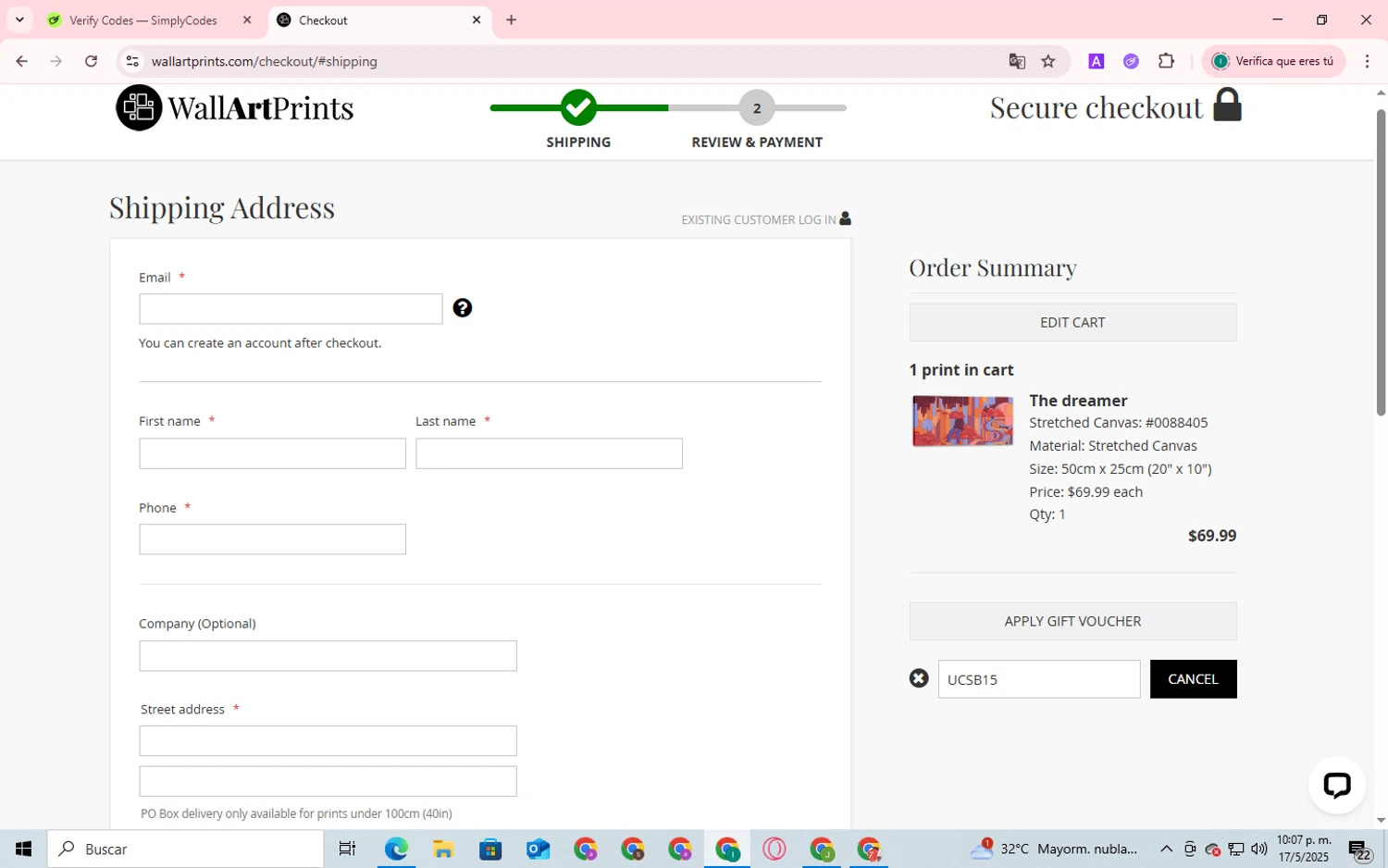 Wall Art Prints checkout page showing Wall Art Prints discount code box | Screenshot taken by SimplyCodes community member on May 17, 2025