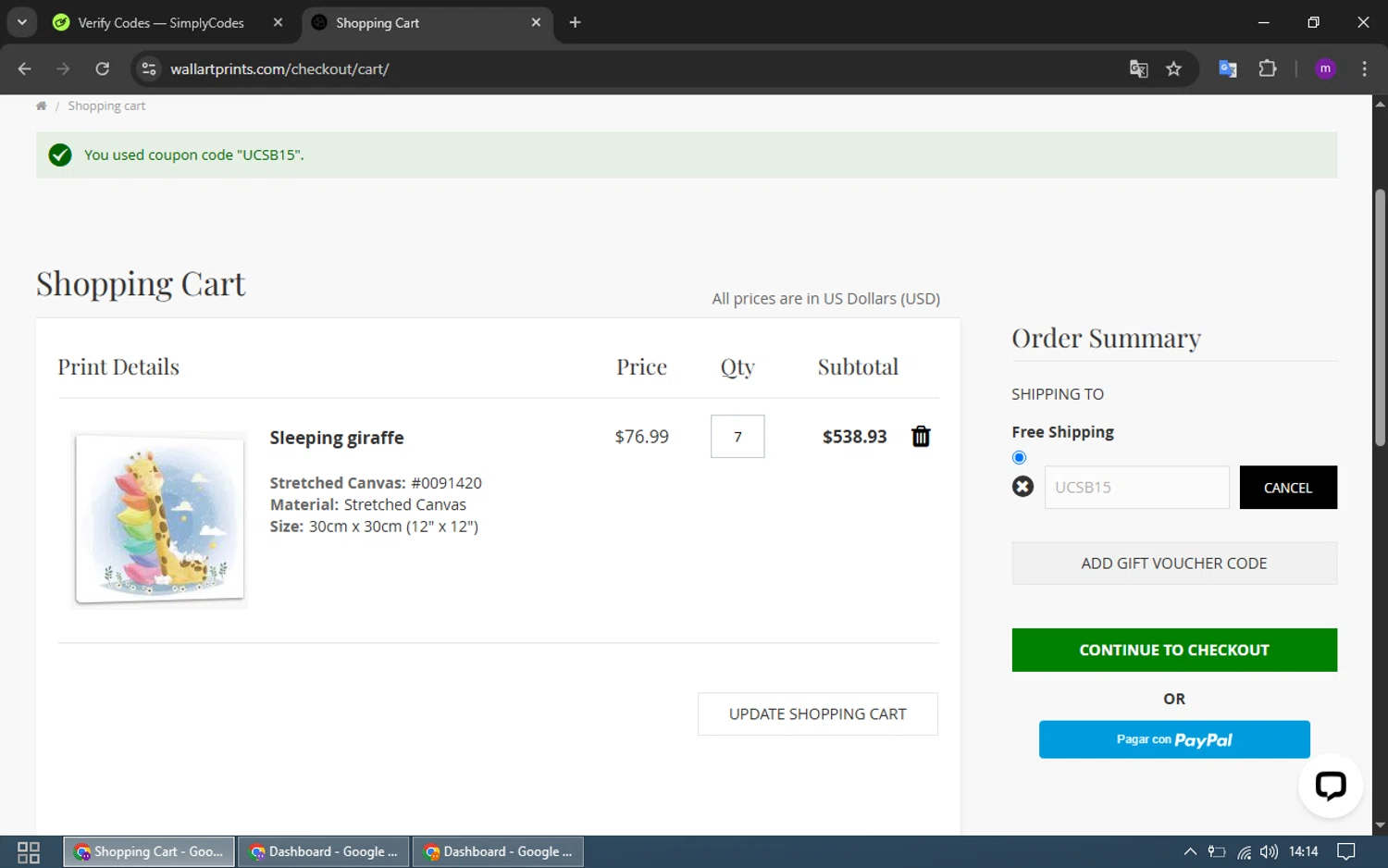 Wall Art Prints checkout page showing Wall Art Prints discount code box | Screenshot taken by SimplyCodes community member on Apr 23, 2025