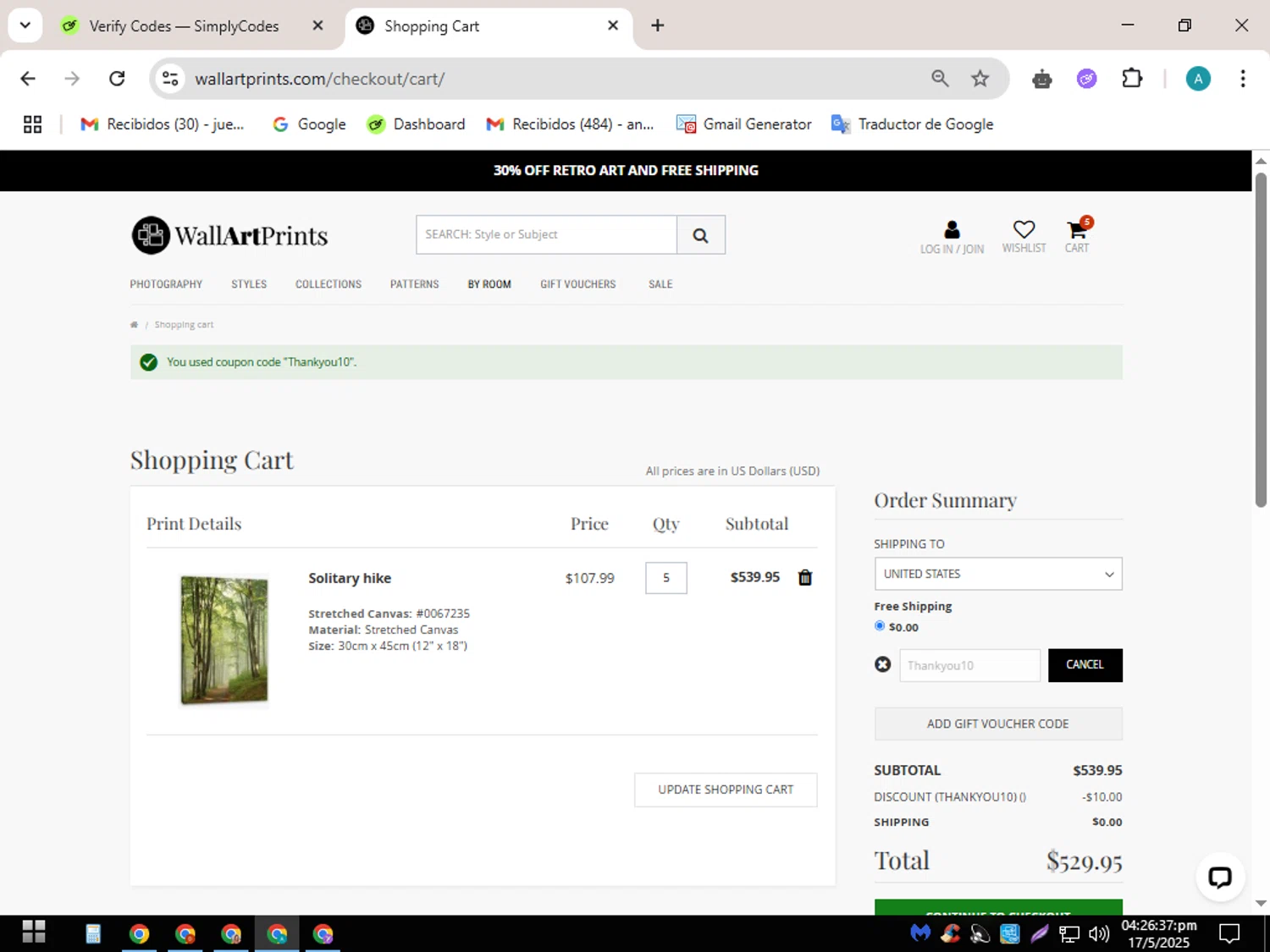 Wall Art Prints discount code screenshot showing code Thankyou10 applied at Wall Art Prints checkout page. Uploaded by SimplyCodes community member SavingsScout358 on May 17, 2025