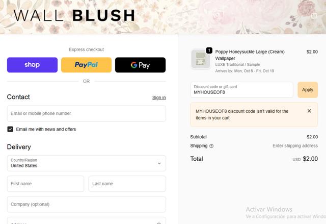 WALL BLUSH checkout page showing WALL BLUSH coupon code box | Screenshot taken by SimplyCodes community member on Oct 3, 2025