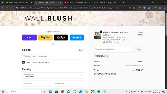 WALL BLUSH checkout page showing WALL BLUSH coupon code box | Screenshot taken by SimplyCodes community member on Oct 6, 2025