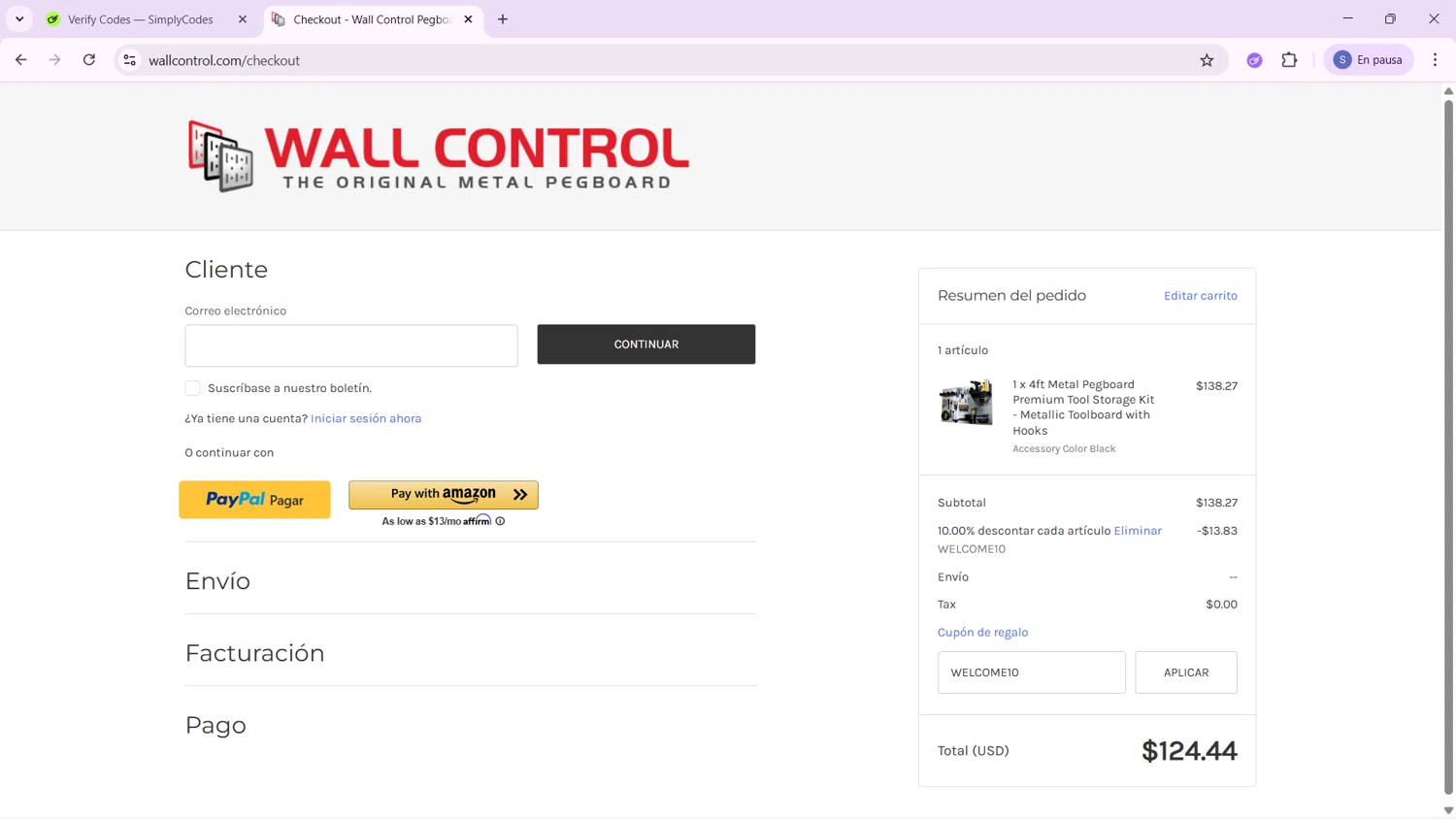 Wall Control coupon code screenshot showing code WELCOME10 applied at Wall Control checkout page. Uploaded by SimplyCodes community member ExtraordinaryWhiz4519 on Dec 10, 2025