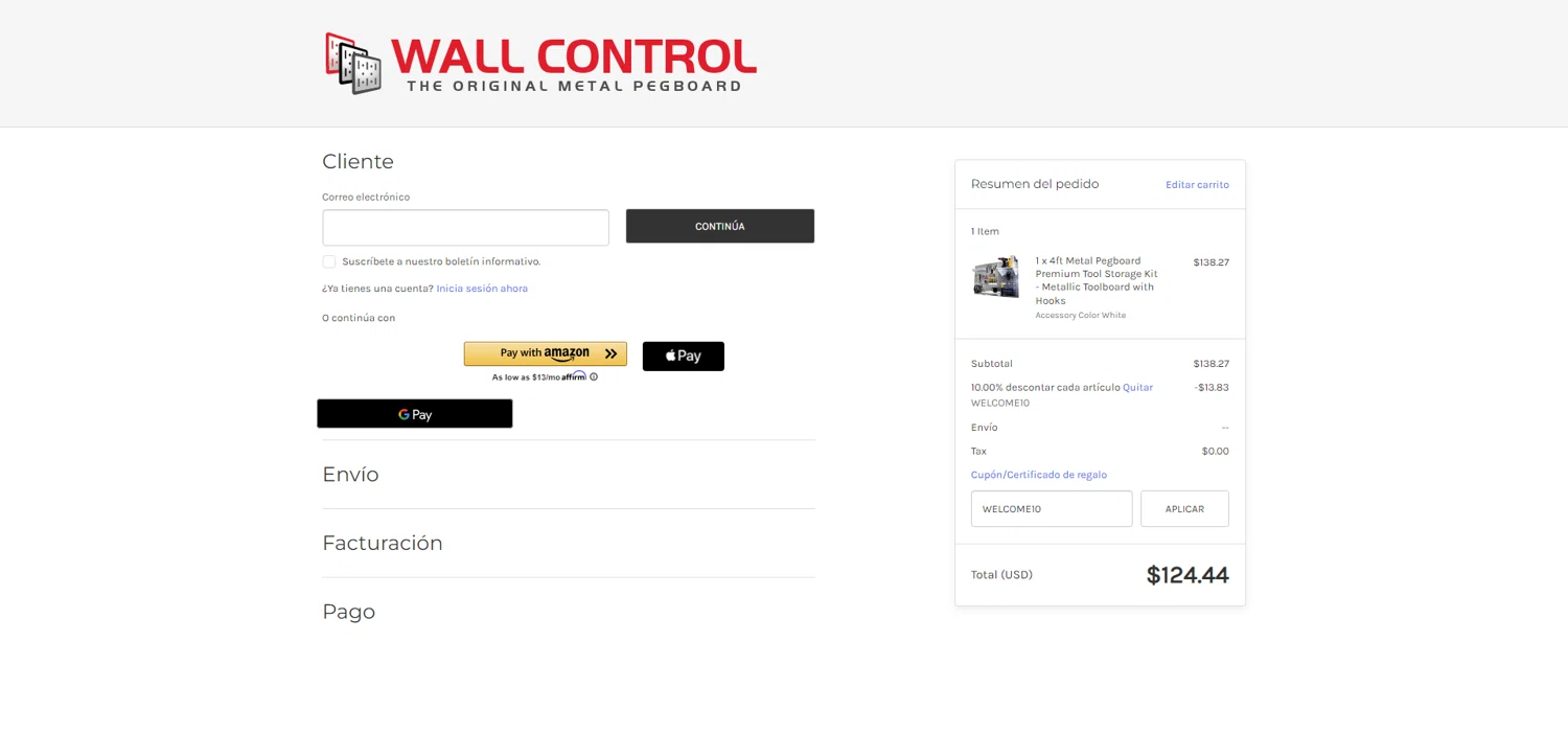 Wall Control coupon code screenshot showing code WELCOME10 applied at Wall Control checkout page. Uploaded by SimplyCodes community member aver_136263192 on May 18, 2025