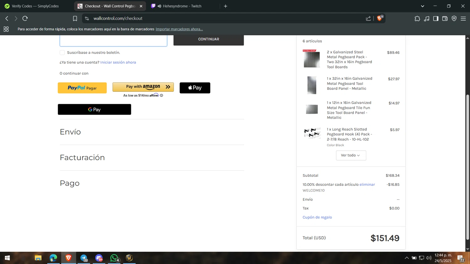 Wall Control coupon code screenshot showing code WELCOME10 applied at Wall Control checkout page. Uploaded by SimplyCodes community member leonj9624 on May 24, 2025
