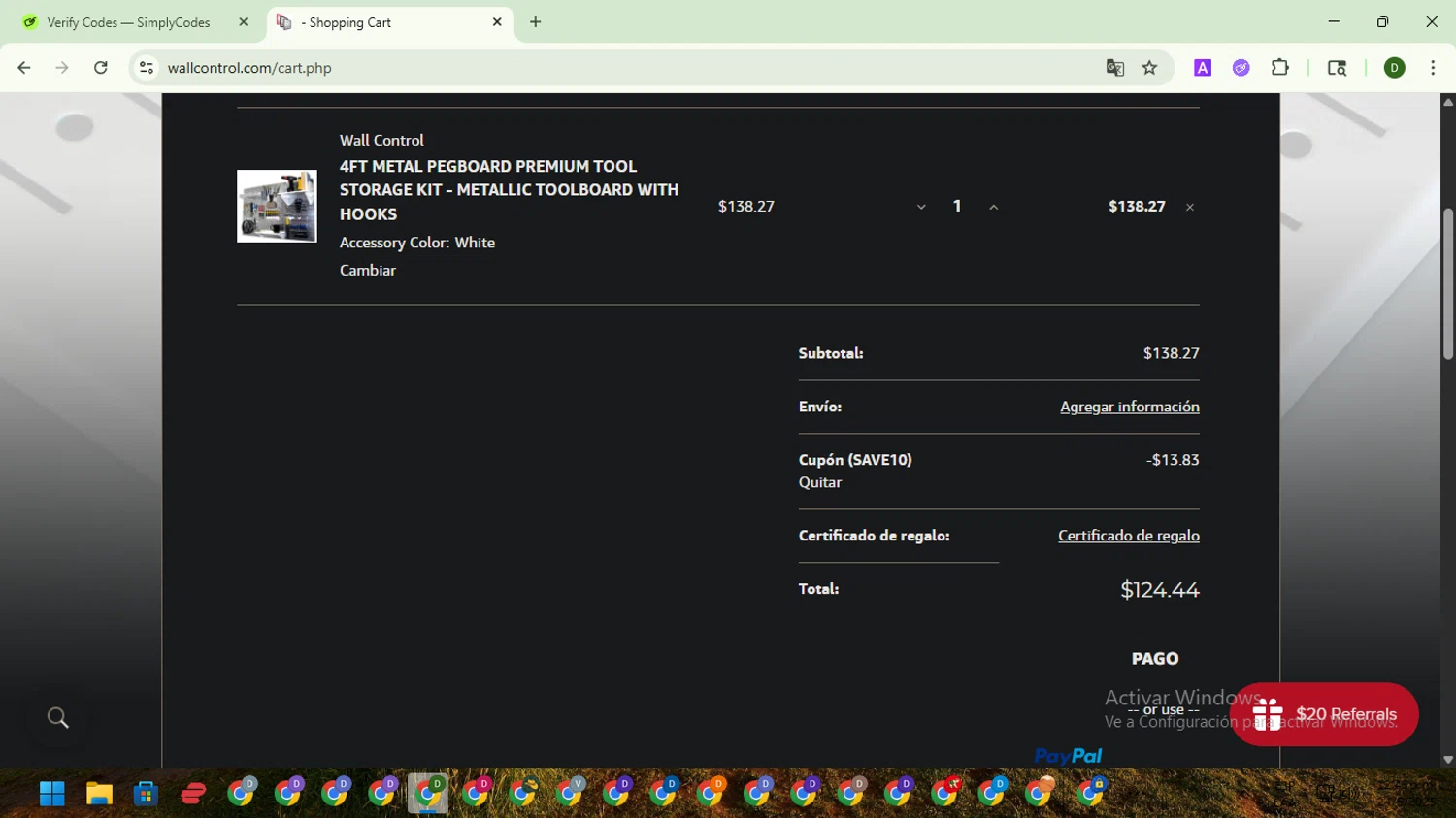 Wall Control coupon code screenshot showing code SAVE10 applied at Wall Control checkout page. Uploaded by SimplyCodes community member BargainGuardian5495 on May 24, 2025