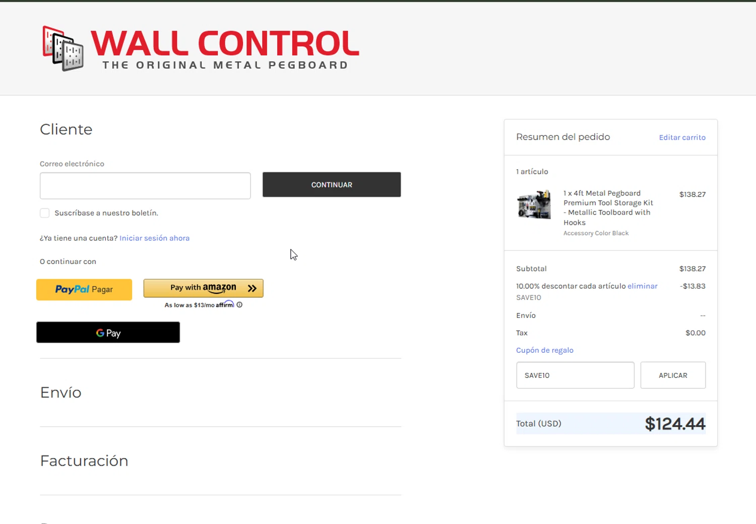 Wall Control coupon code screenshot showing code SAVE10 applied at Wall Control checkout page. Uploaded by SimplyCodes community member FelixelGato on Jan 7, 2025