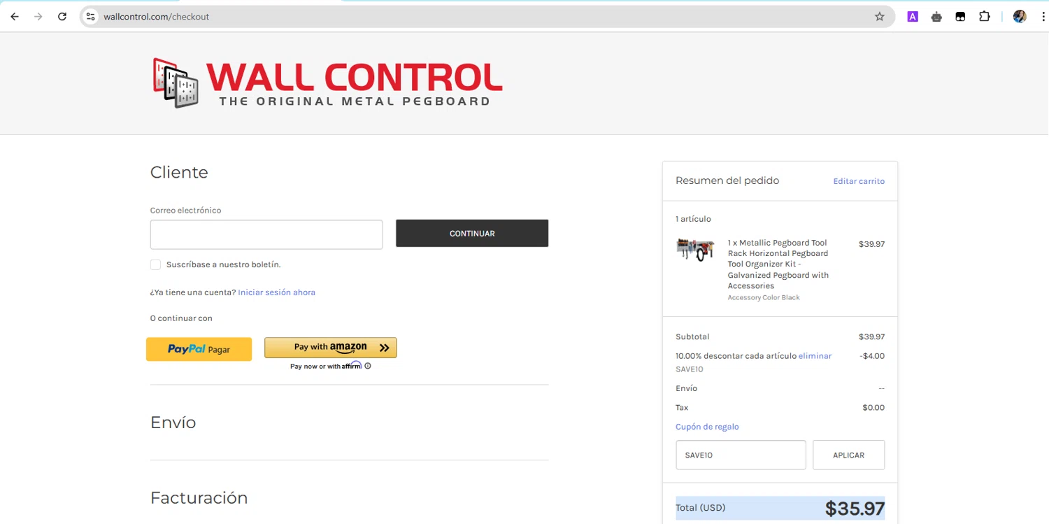 Wall Control coupon code screenshot showing code SAVE10 applied at Wall Control checkout page. Uploaded by SimplyCodes community member YHLQMDLGN on Apr 26, 2025
