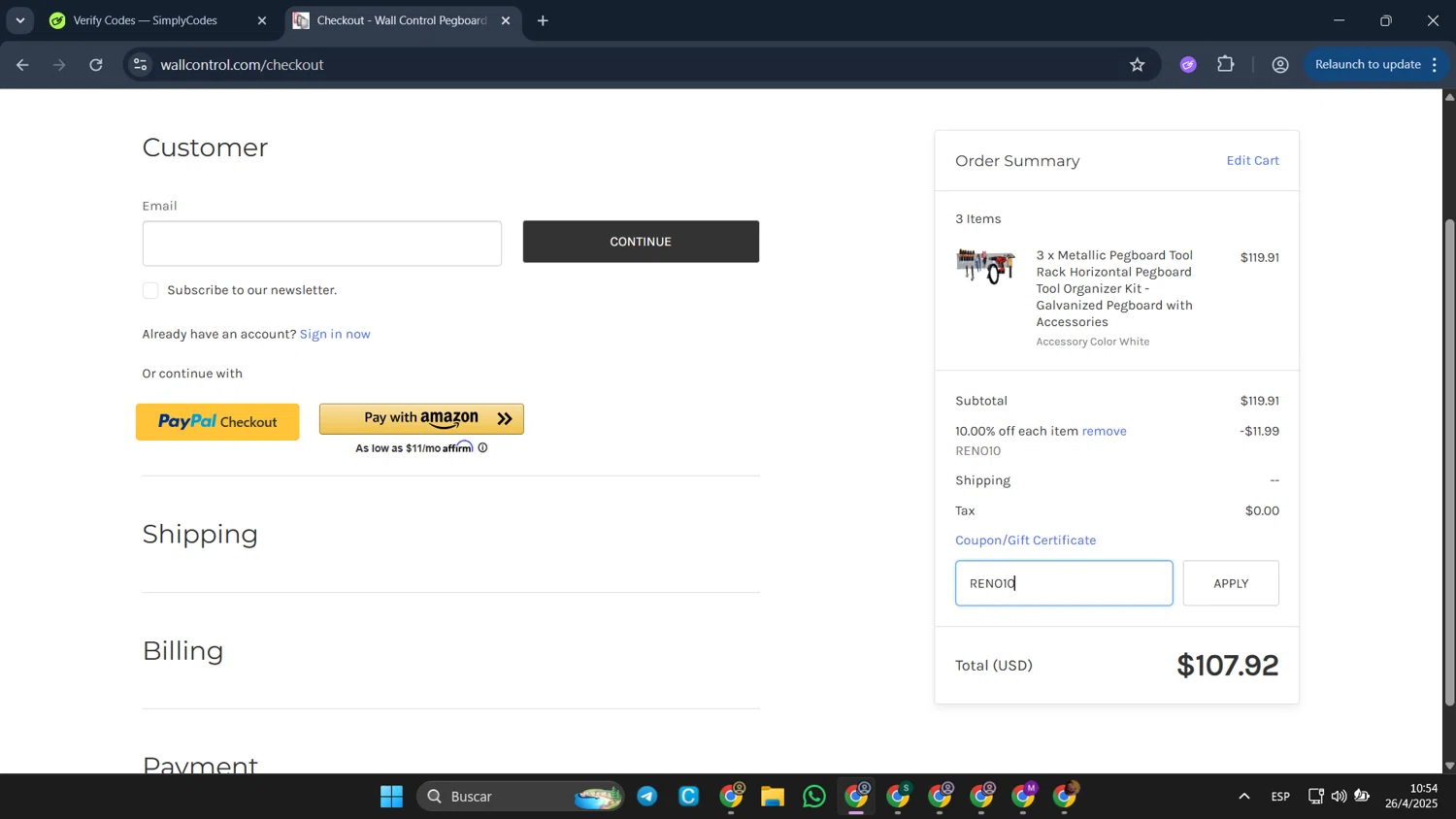 Wall Control coupon code screenshot showing code RENO10 applied at Wall Control checkout page. Uploaded by SimplyCodes community member CleverFalcon6244 on Apr 26, 2025