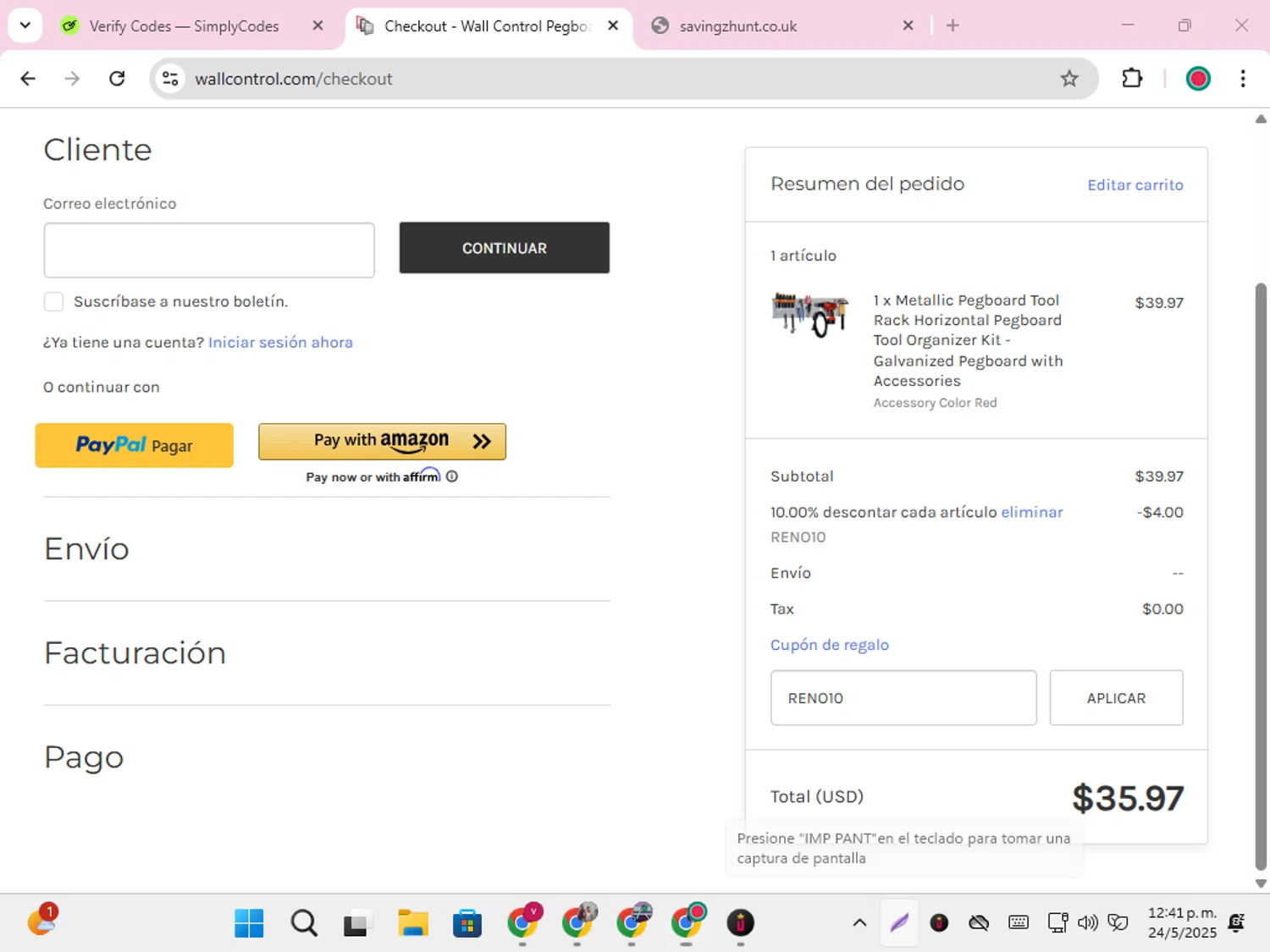 Wall Control coupon code screenshot showing code RENO10 applied at Wall Control checkout page. Uploaded by SimplyCodes community member karolg on May 24, 2025