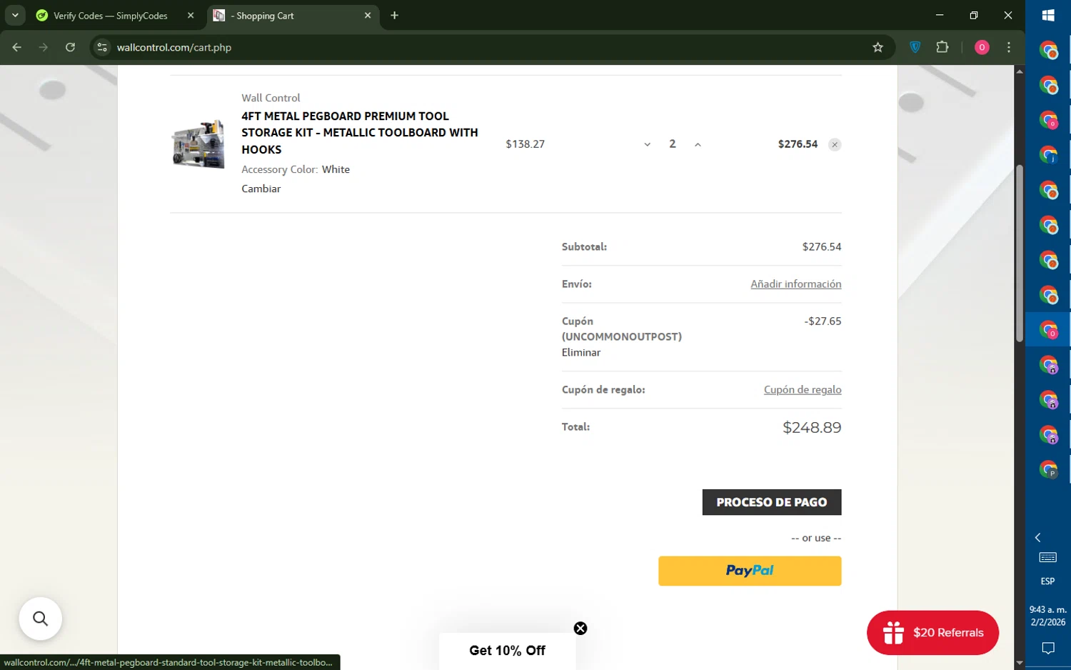 Wall Control coupon code screenshot showing code UNCOMMONOUTPOST applied at Wall Control checkout page. Uploaded by SimplyCodes community member LegendaryRanger6350 on Feb 2, 2026