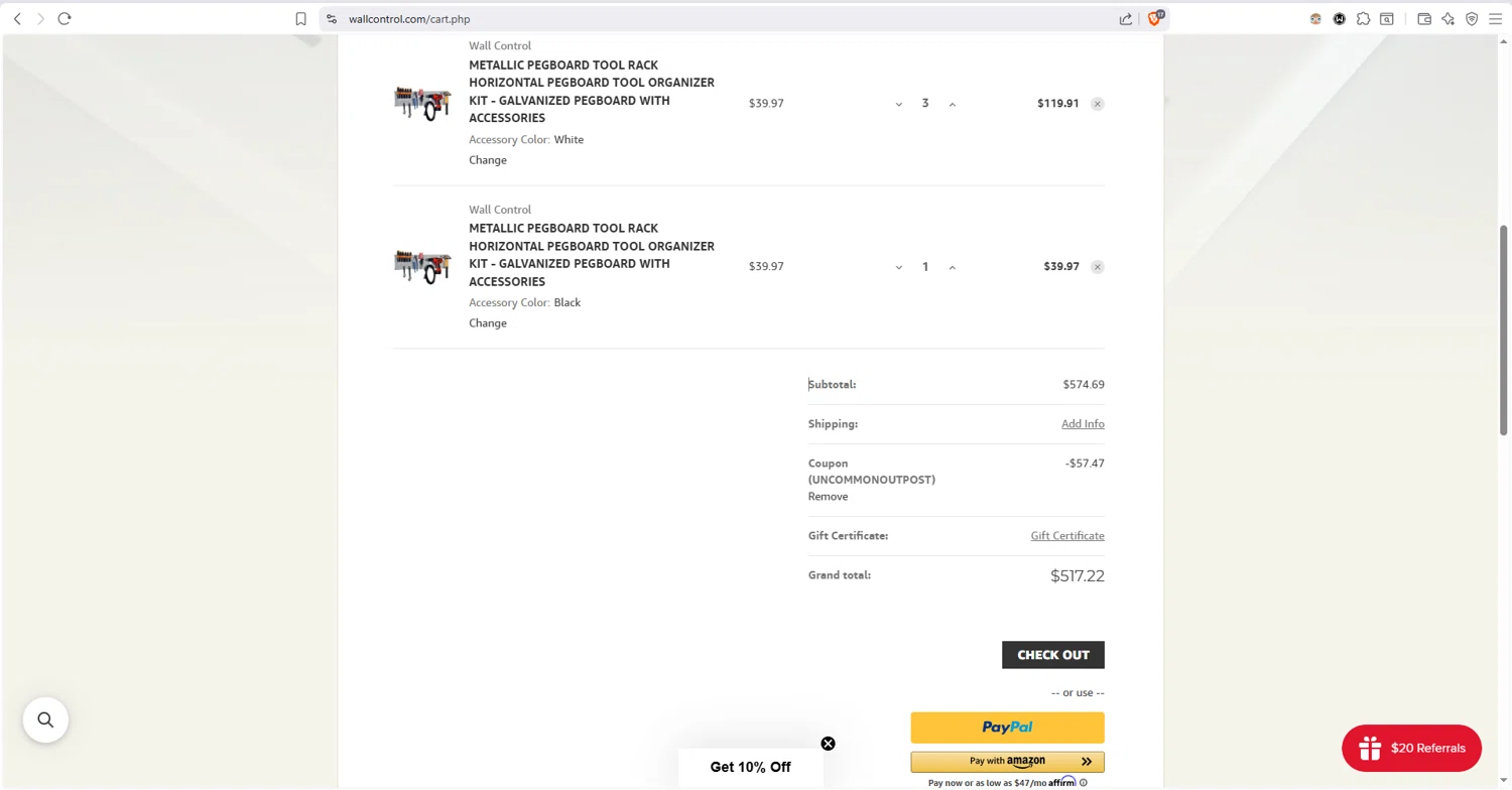 Wall Control checkout page showing Wall Control coupon code box | Screenshot taken by SimplyCodes community member on Jan 4, 2026