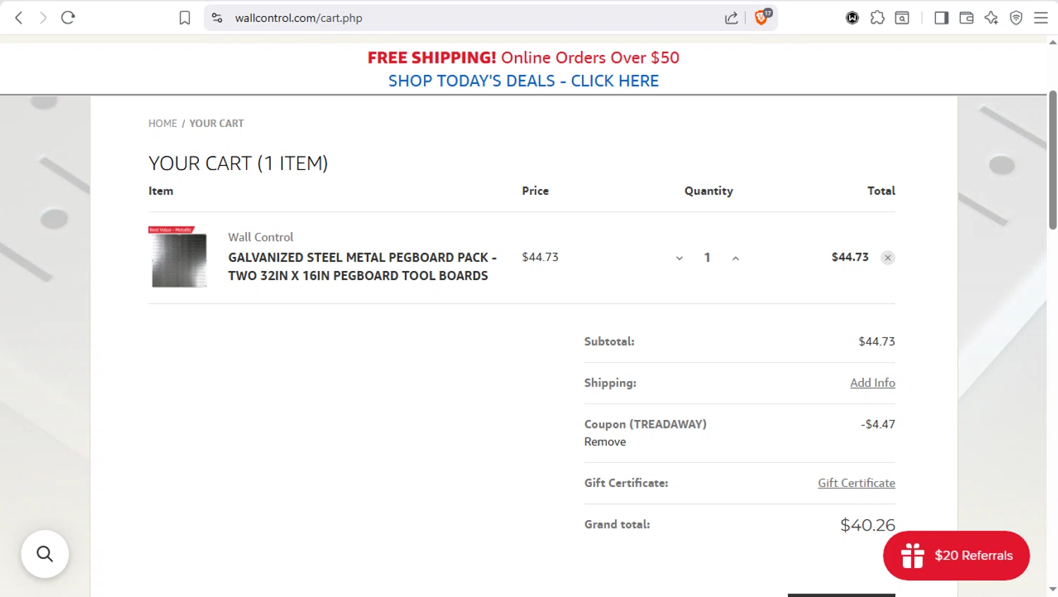 Wall Control checkout page showing Wall Control coupon code box | Screenshot taken by SimplyCodes community member on Dec 18, 2025