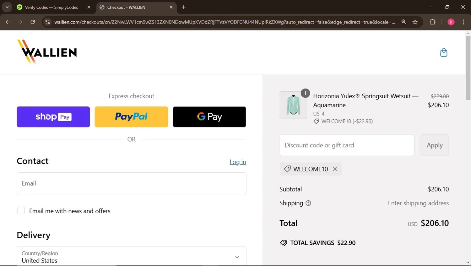 WALLIEN promo code screenshot showing code WELCOME10 applied at WALLIEN checkout page. Uploaded by SimplyCodes community member ValiantElite2270 on Jan 29, 2025