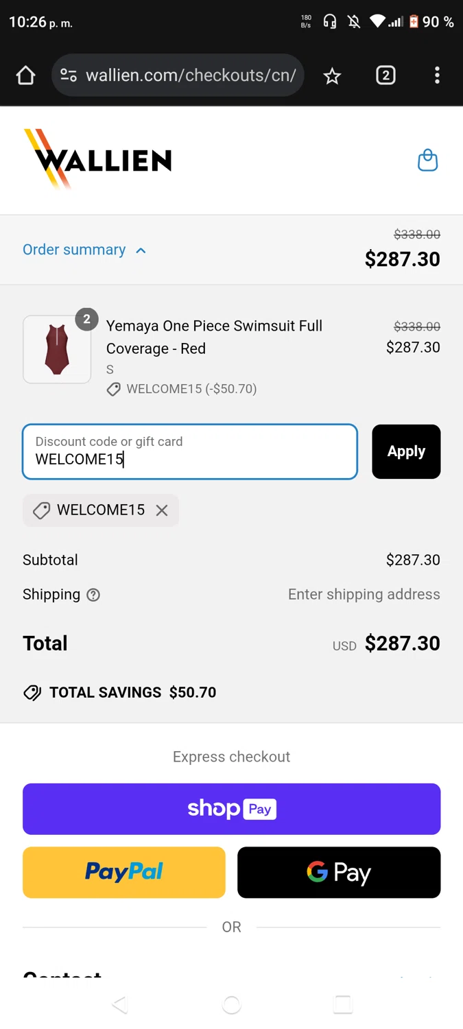 WALLIEN promo code screenshot showing code WELCOME15 applied at WALLIEN checkout page. Uploaded by SimplyCodes community member CouponWhiz2217 on May 23, 2025
