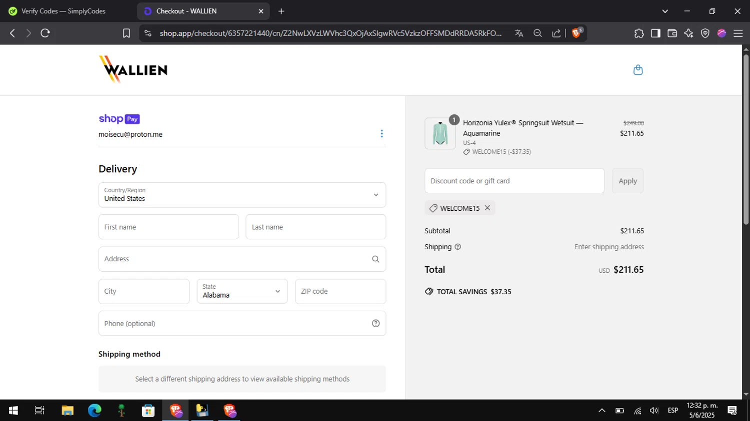 WALLIEN promo code screenshot showing code WELCOME15 applied at WALLIEN checkout page. Uploaded by SimplyCodes community member Pitochu on Jun 5, 2025
