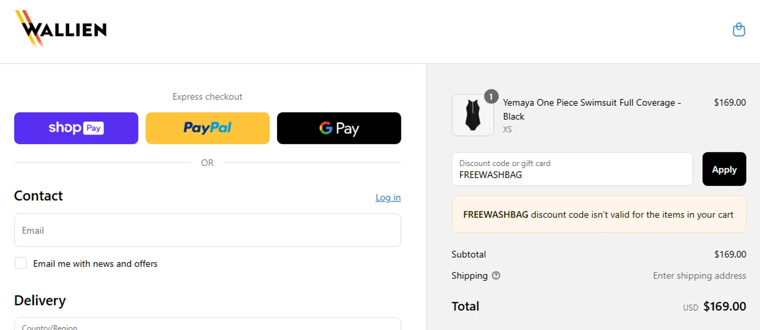 WALLIEN promo code screenshot showing code FREEWASHBAG applied at WALLIEN checkout page. Uploaded by SimplyCodes community member GEYTER on May 22, 2025