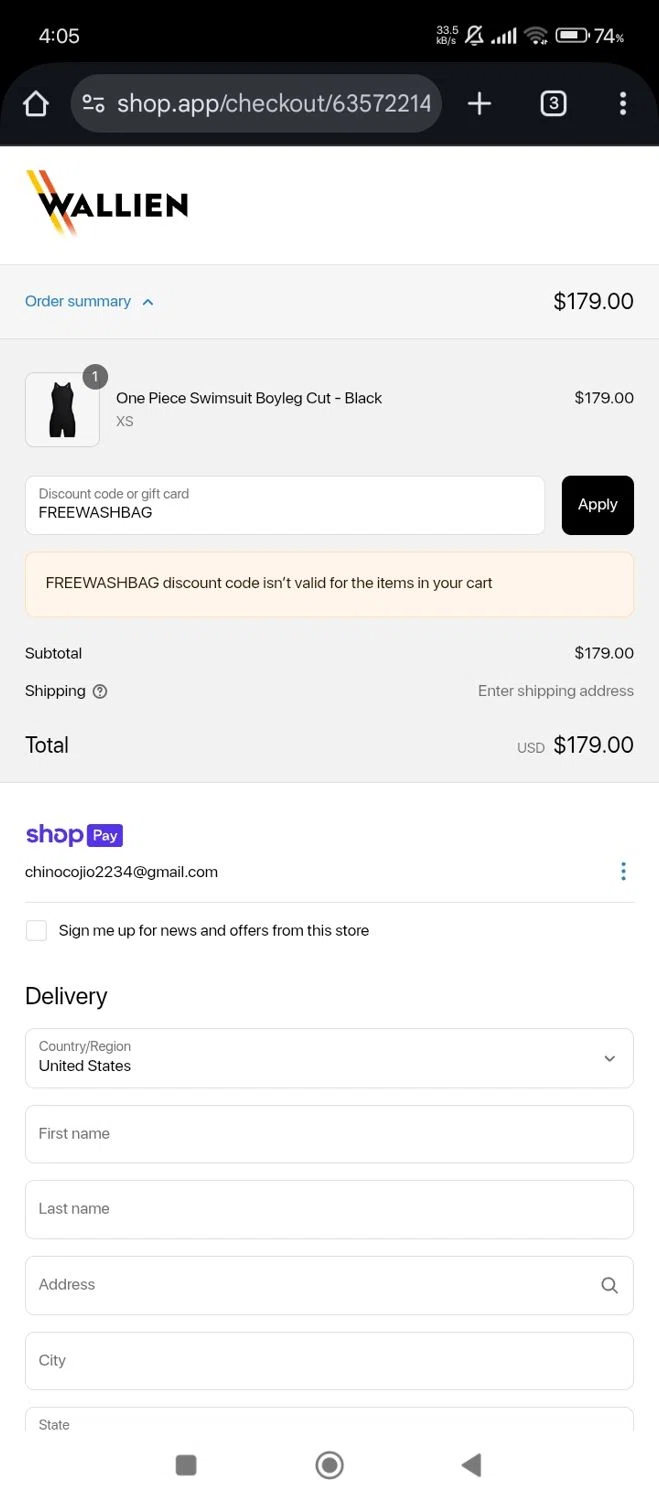 WALLIEN promo code screenshot showing code FREEWASHBAG applied at WALLIEN checkout page. Uploaded by SimplyCodes community member Jutdcv on Jun 14, 2025