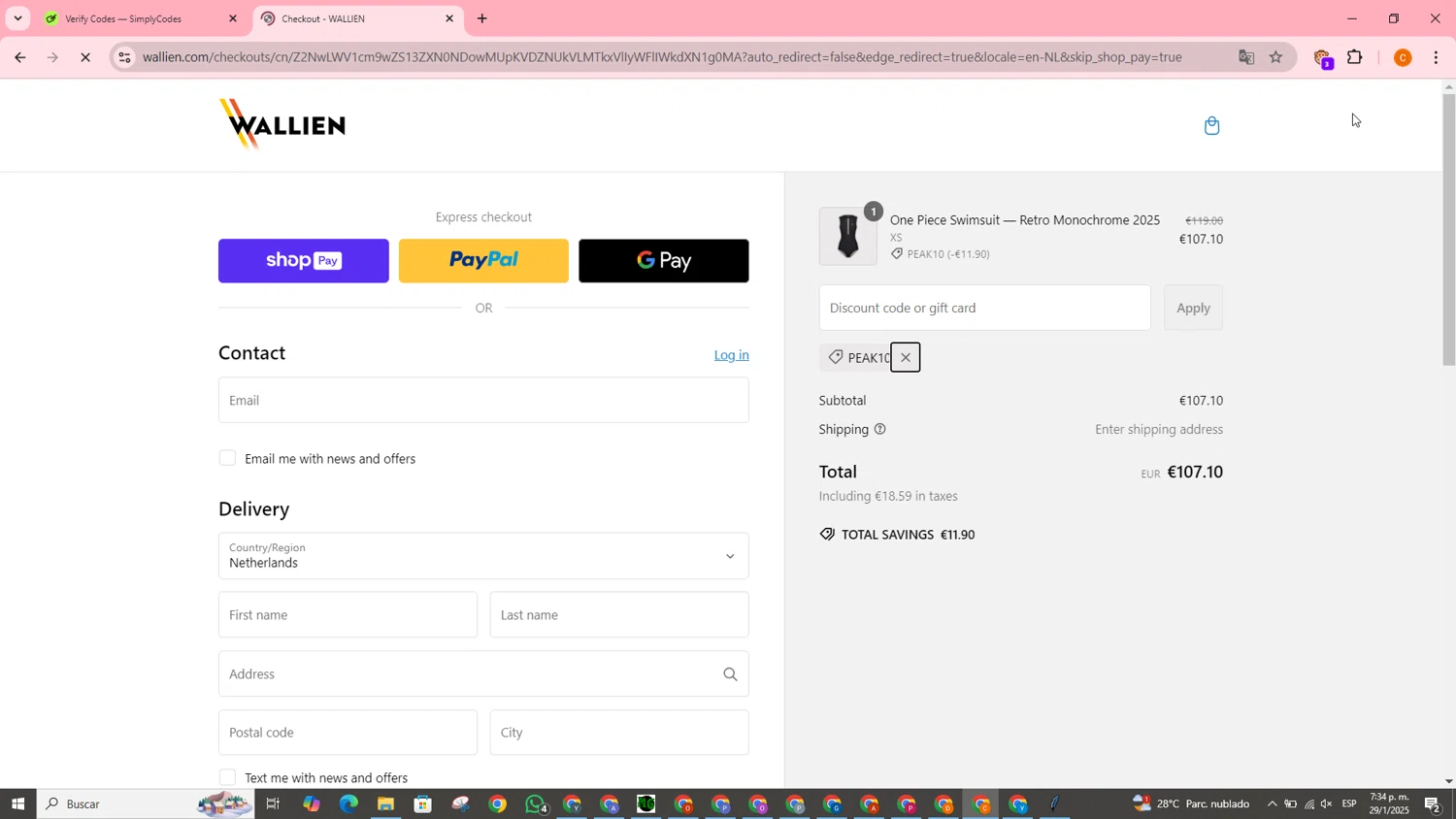 WALLIEN promo code screenshot showing code PEAK10 applied at WALLIEN checkout page. Uploaded by SimplyCodes community member SavvyMaverick3145 on Jan 29, 2025