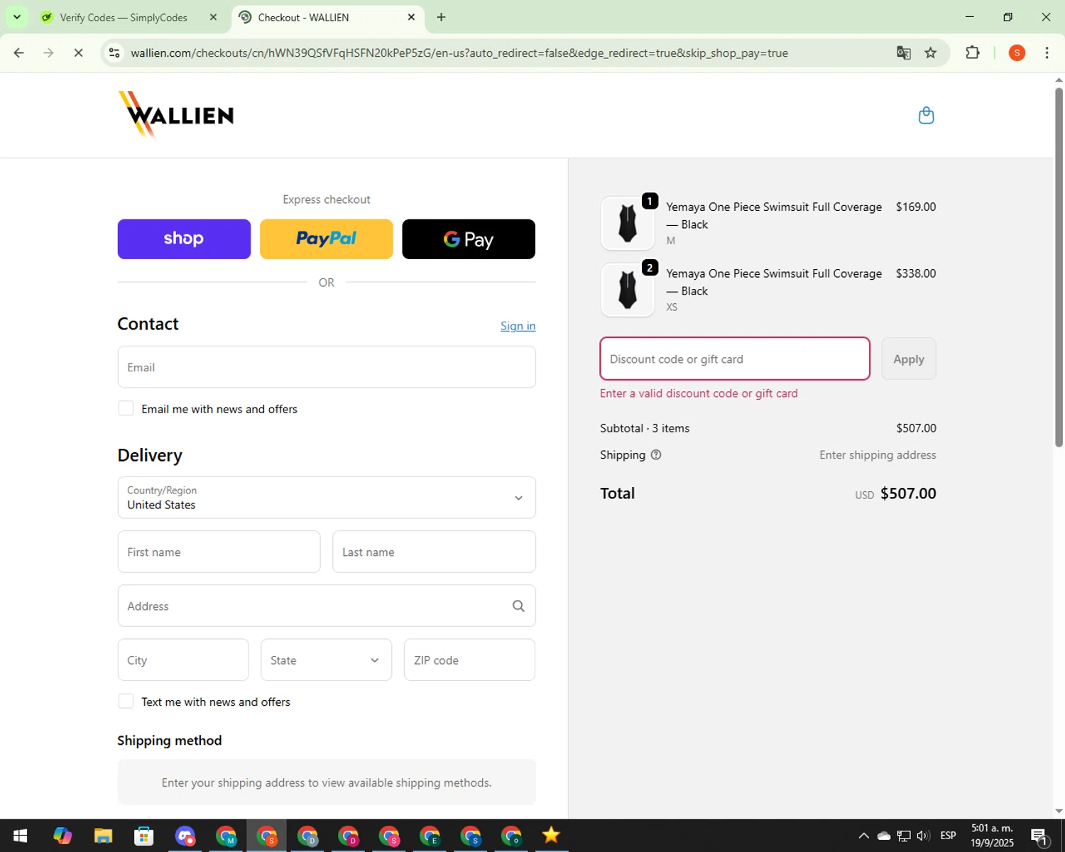 WALLIEN promo code screenshot showing code LASTCHANCE20 applied at WALLIEN checkout page. Uploaded by SimplyCodes community member CrownBoss9623 on Sep 19, 2025