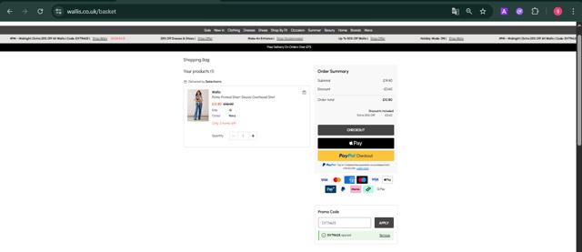 Wallis checkout page showing Wallis promo code box | Screenshot taken by SimplyCodes community member on Jul 22, 2025
