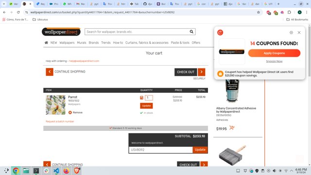 Wallpaper Direct US checkout page showing Wallpaper Direct US promo code box | Screenshot taken by SimplyCodes community member on Oct 3, 2024