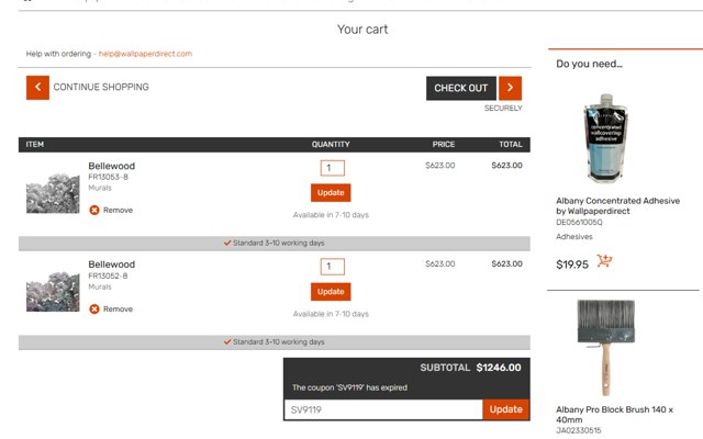 Wallpaper Direct US checkout page showing Wallpaper Direct US promo code box | Screenshot taken by SimplyCodes community member on Mar 3, 2025
