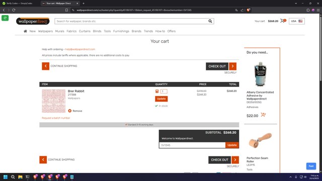 Wallpaper Direct US checkout page showing Wallpaper Direct US promo code box | Screenshot taken by SimplyCodes community member on Apr 15, 2025