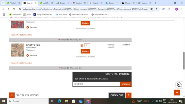 Wallpaper Direct US checkout page showing Wallpaper Direct US promo code box | Screenshot taken by SimplyCodes community member on Jul 11, 2025